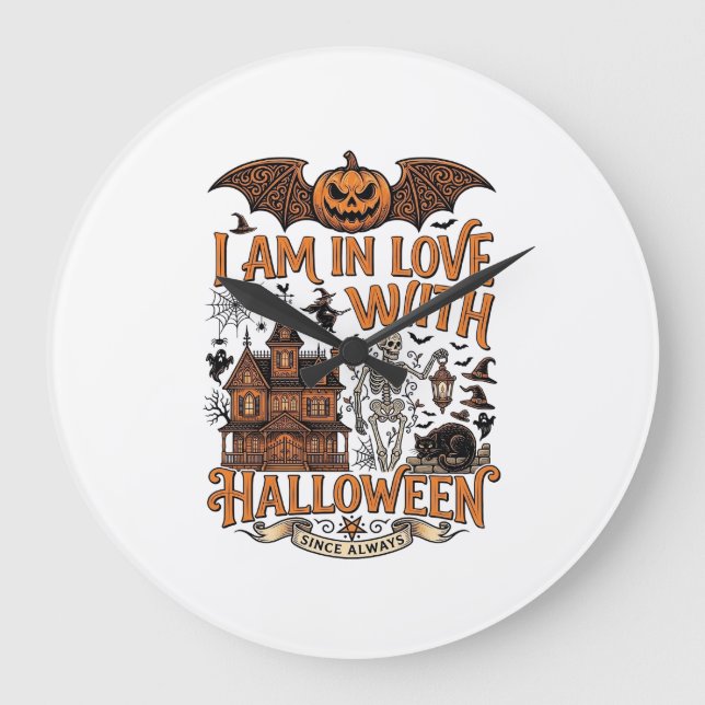 Am kärlek Halloween spökhus skelett pumpa_1 Stor Klocka (Framsida)