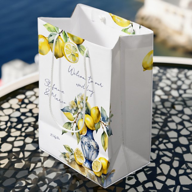 Amalfi - Blåplattor - citroner bröllop (Amalfi Italian blue tiles lemons wedding welcome favor Bag blue ceramic vase with lemons favor bag)