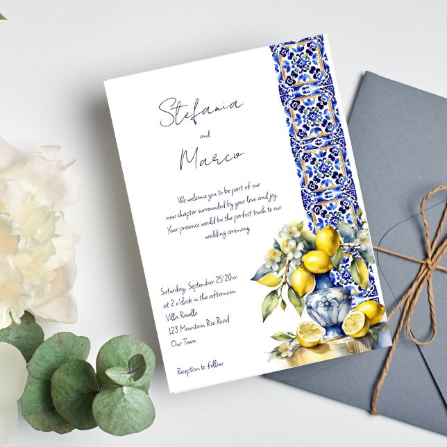 Amalfi - Blåplattor citroner bröllop Inbjudningar (Amalfi Italian blue tiles lemons wedding Invitation editable template digital download casual script)
