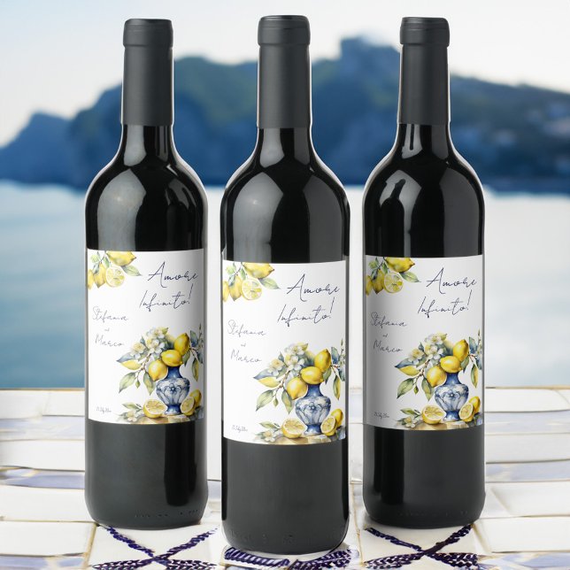 Amalfi - Blåplattor citroner bröllop Vinflaska Etikett (Amalfi Italian blue tiles lemons wedding personalized printed Wine Label blue ceramic vase tableware)