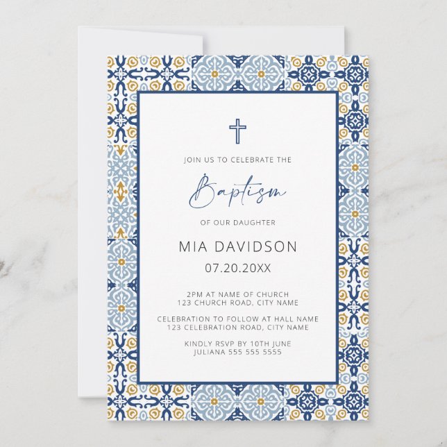 Amalfi Blue Gult Tile Mediterranean Baptism Inbjudningar (Framsida)