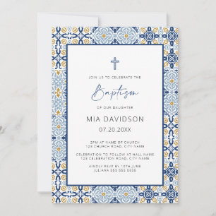 Amalfi Blue Gult Tile Mediterranean Baptism Inbjudningar