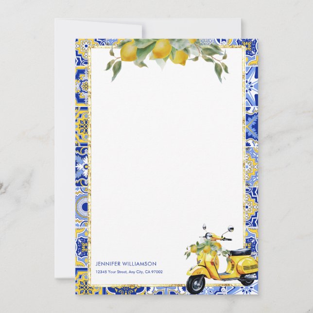 Amalfi Blue Tile Italienska Scooter Lemons Notecar Inbjudningar (Framsida)