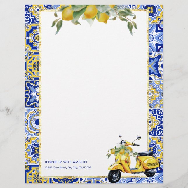 Amalfi Blue Tile Italy Scooter Lemons Capri Brevhuvud (Framsida)