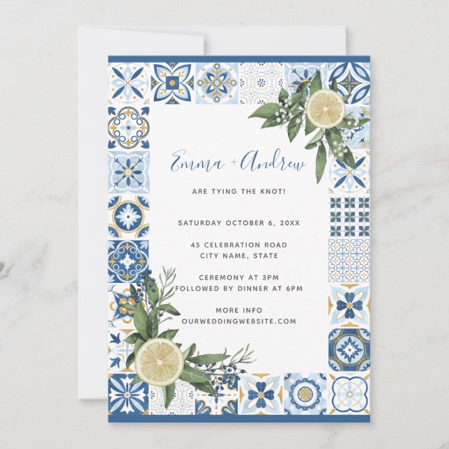 Amalfi Blue Tile Mediterranean Lemon Bröllop Inbjudningar (Framsida)