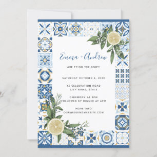 Amalfi Blue Tile Mediterranean Lemon Bröllop Inbjudningar