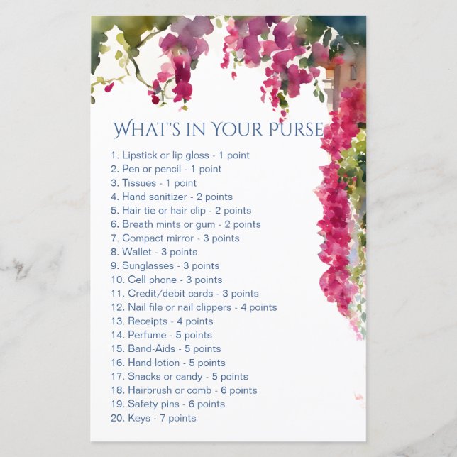 Amalfi bridal shower games whats in your purse (Framsida)