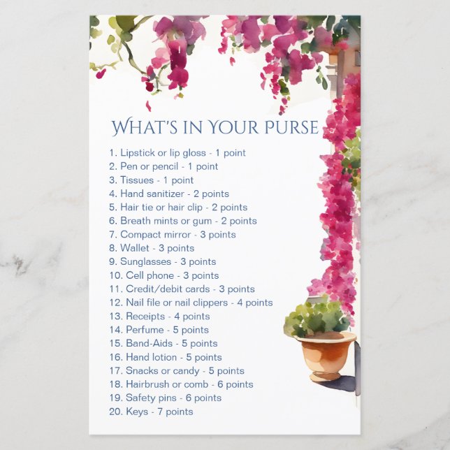 Amalfi bridal shower games whats in your purse (Framsida)