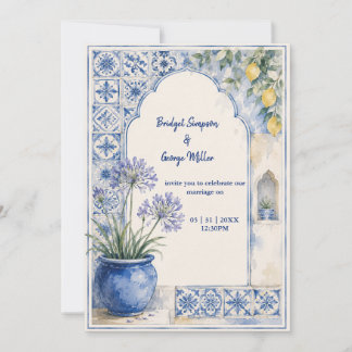 Amalfi Citron Blå Kakel Destination Bröllop Inbjudningar