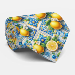 Amalfi Citron Medelhavet Vattenfärg Falsk Siden Slips