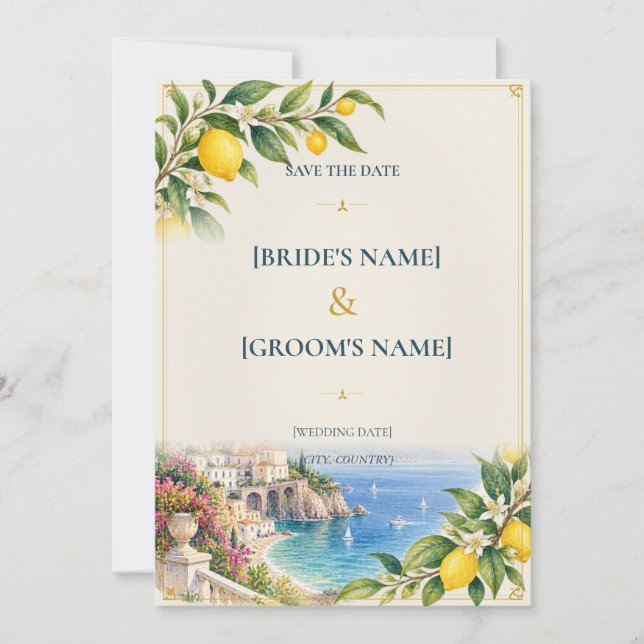 Amalfi Citron | Medelhavsblå och gul Spara Datumet (Framsida)