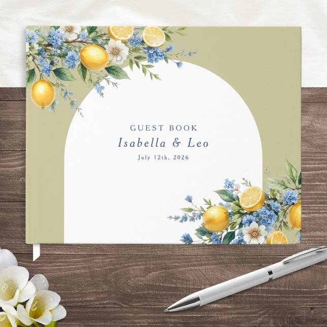 Amalfi Citron och Salvia Grön Båge Bröllop Gästböcker (A wedding guest book with Amalfi lemons and sage green arch, personalized with names and date)