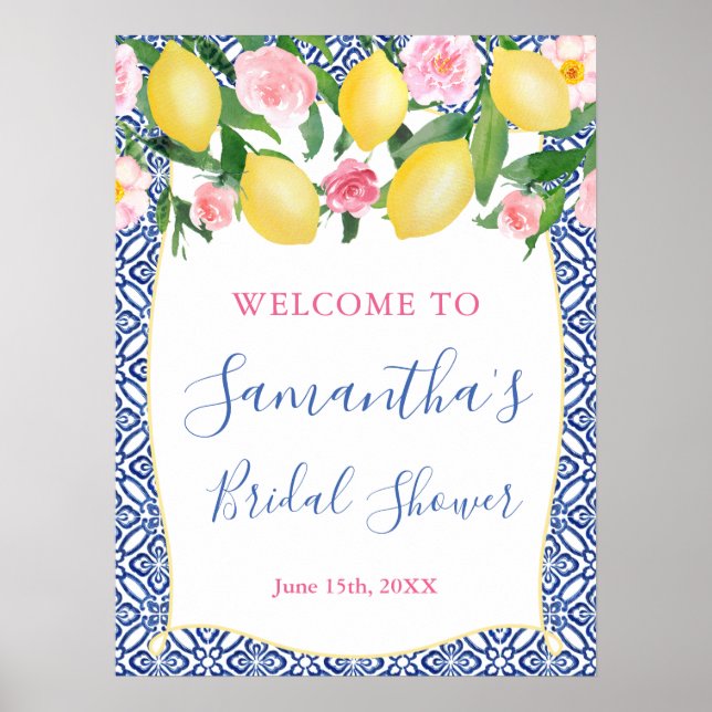 Amalfi Citroner Rosa Blommor Blå Kakel Bröllopsdus Poster (Framsidan)