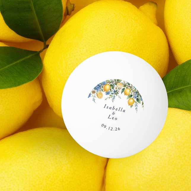 Amalfi Citrus Citroner Bröllopsgåva Personlig Pingisboll (A ping-pong ball favor with Amalfi lemons design, personalized with couple's names and wedding date)