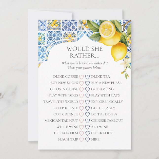 Amalfi Coast Bridal Shower Would She Rather Game Inbjudningar (Framsida)