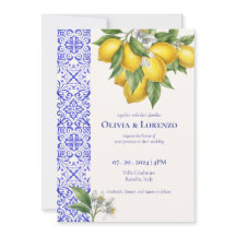 Amalfi Coast Citron & Blå Kakel Bröllopsinbjudan