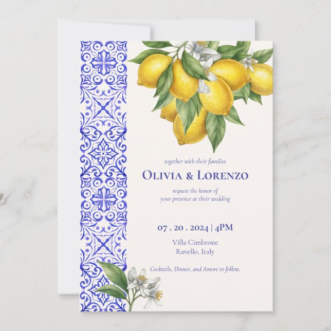 Amalfi Coast Citron & Blå Kakel Bröllopsinbjudan  Inbjudningar (Framsida)