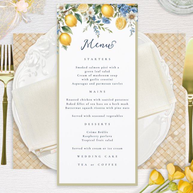 Amalfi Coast Citron & Blommönster Bröllop Meny (A stylish wedding menu with Mediterranean lemons design, to personalize with your own food choices)