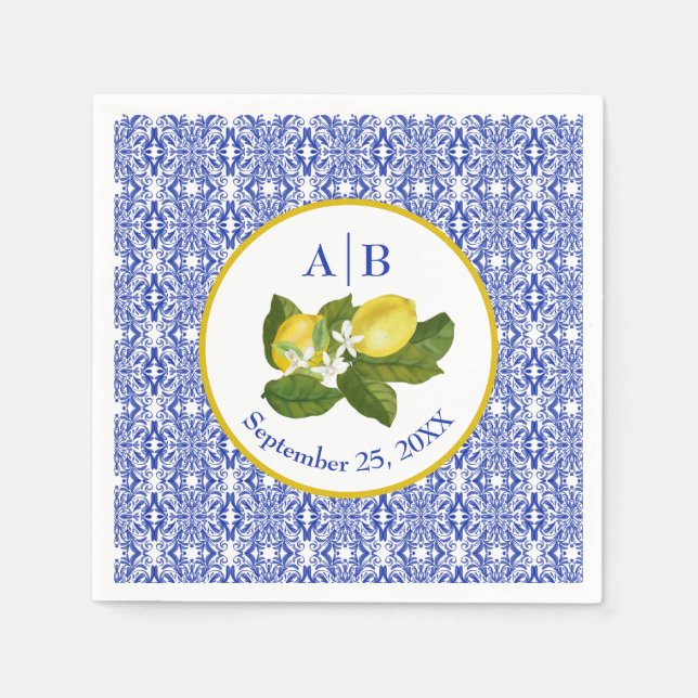 Amalfi Coast I Italian Lemon & Blue Tile Mongram Pappersservett (Framsidan)