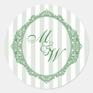 Amalfi Coast Sage Stripe Crest Monogram Bröllop Runt Klistermärke