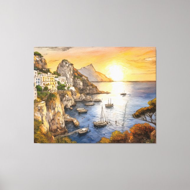 Amalfi coast sunset illustrating coastal village a canvastryck (Framsida)