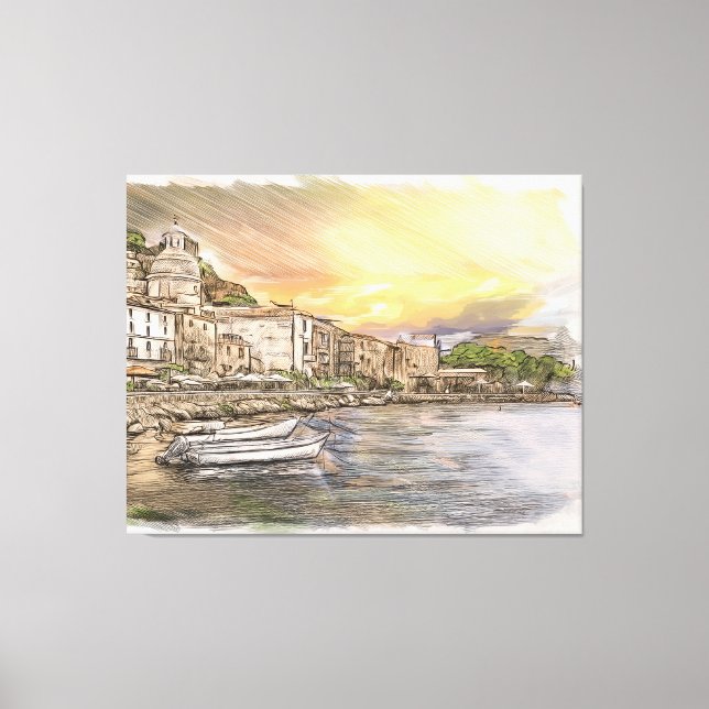 Amalfi coast village sketch with boats at sunset canvastryck (Framsida)