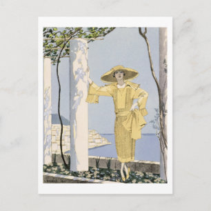 Amalfi, illustration av en kvinna i en gult klänni vykort