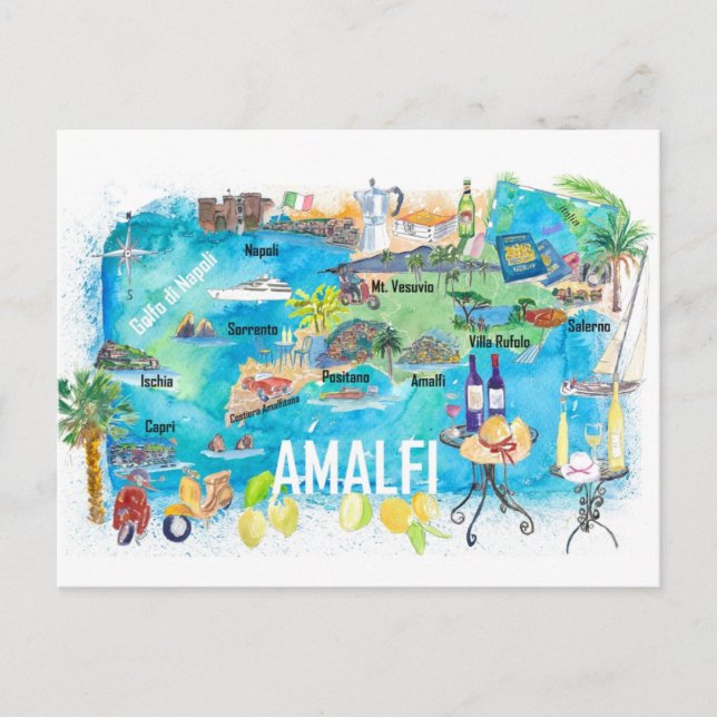 Amalfi-Italien Illustrated Mediterranean Travel Ka Vykort (Framsida)