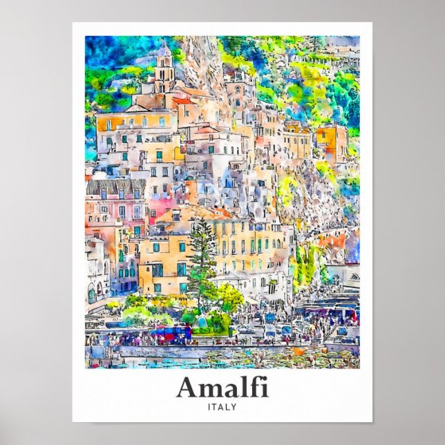 Amalfi Italien Travel Watercolor Hand plockade Poster (Framsidan)