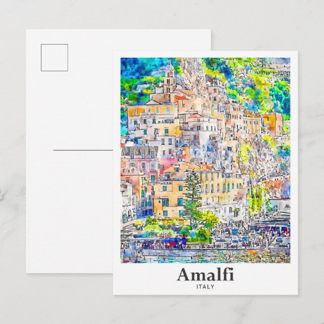 Amalfi Italien Travel Watercolor Hand plockade Vykort (Fram/baksida)