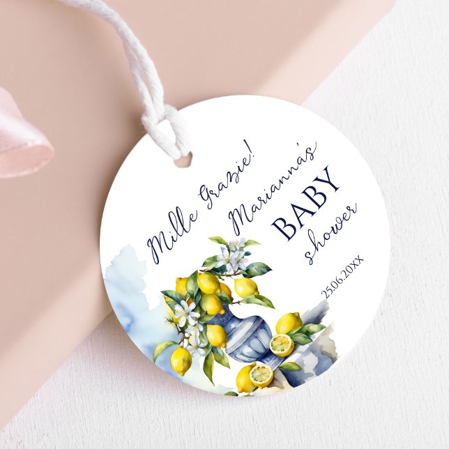 Amalfi italiensk babydusch i vas gåvor etiketter (Amalfi Italian vintage blue vase and lemons baby shower printed thank you Favor Tags )