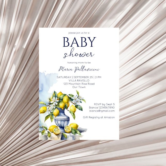 Amalfi italiensk babydusch i vas inbjudningar (Amalfi Italian blue vase lemons summer baby shower Invitation editable template instant download )