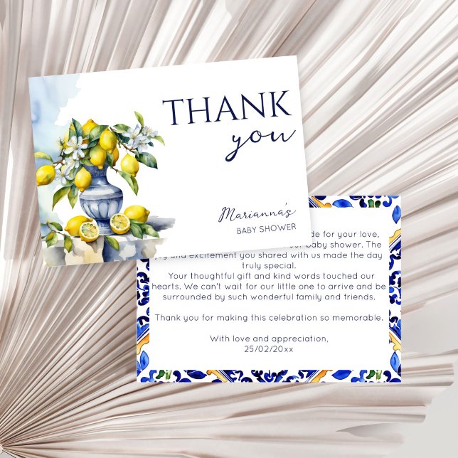 Amalfi italiensk babydusch i vas tack kort (Amalfi Italian blue ceramics vase lemons citrus summer gender neutral baby shower Thank You Card)
