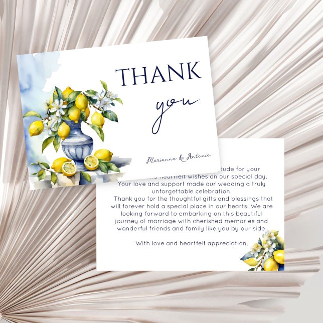 Amalfi italiensk blå vas med citroner bröllop tack kort (Amalfi Italian blue ceramic vase with lemons wedding Thank You Card Mediterranean themed)