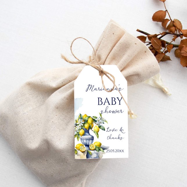 Amalfi (italiensk blått vas citonbabydusch) presentetikett (Amalfi Italian lemon citrus baby shower thank you favor Gift Tags blue vase with lemons elegant)