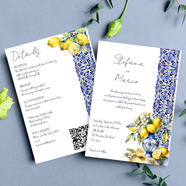 Amalfi Italienska blå citroner alla i bröllop Inbjudningar (Amalfi Italian blue tiles lemons all in one wedding Invitation editable template digital download )