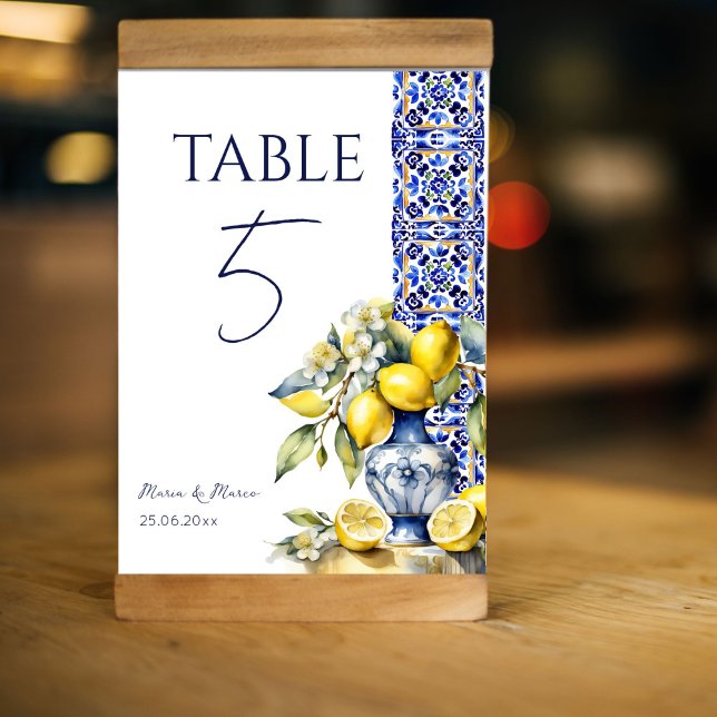 Amalfi Italienska blå plattor citroner bordsnummer (Amalfi Italian Mediterranean blue tiles lemons ceramic vase  table numbers personalized tableware)