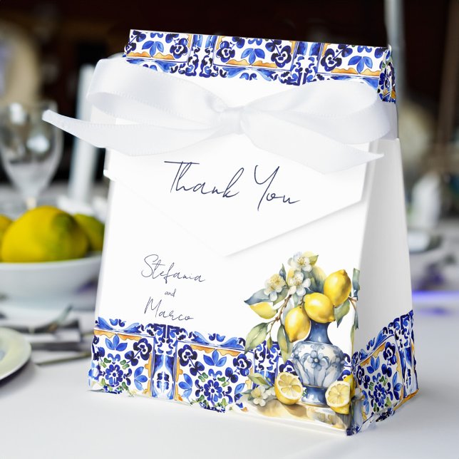 Amalfi Italienska blå plattor citroner bröllop try Presentaskar (Amalfi Italian blue tiles lemons wedding printed Favor Box personalized wedding favors ceramic vase)