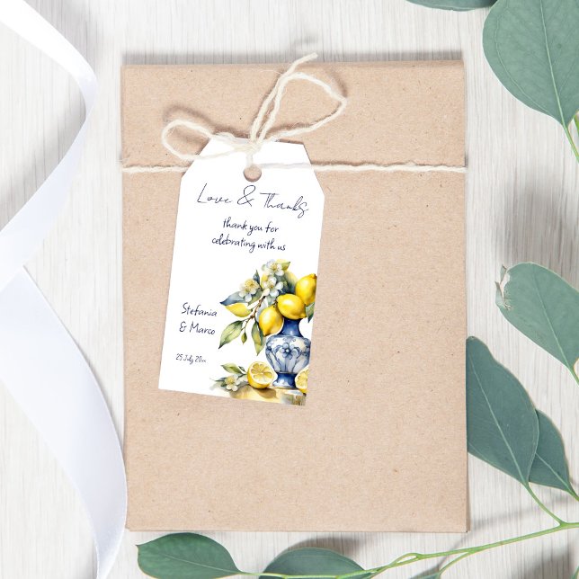 Amalfi Italienska blå plattor citroner bröllopsför Presentetikett (Amalfi Italian blue tiles lemons wedding favors printed personalized thank you favor Gift Tags)