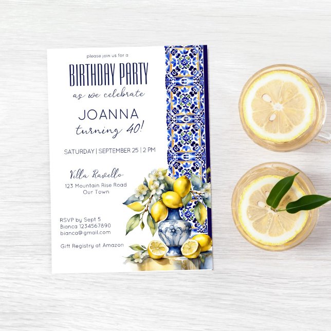 Amalfi Italienska blå plattor, citroner, födelseda Inbjudningar (Italian themed blue tiles and lemons birthday party editable template invitation instant download)