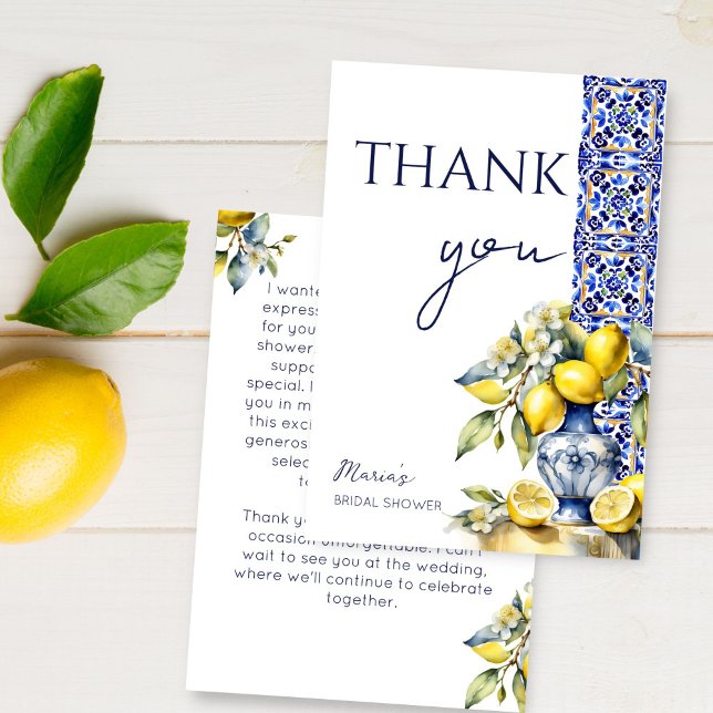 Amalfi italienska blåa brickor citroner bröllopsdu tack kort (Amalfi Italian Vietri blue tiles lemons bridal shower Thank You Card Mediterranean ceramic vase)
