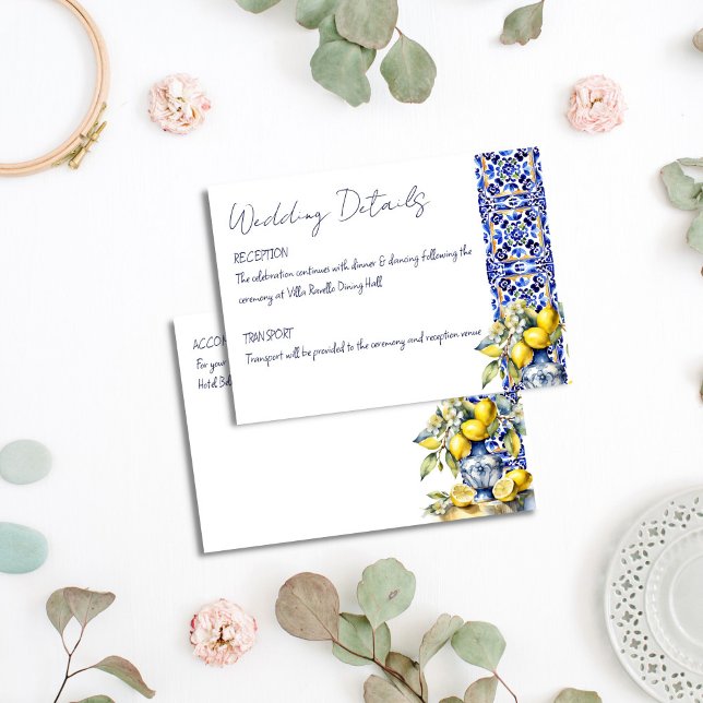 Amalfi italienska blåa kakel citroner bröllopsdeta tilläggskort (Amalfi Italian blue tiles lemons wedding details Enclosure Card Mediterranean themed wedding card)
