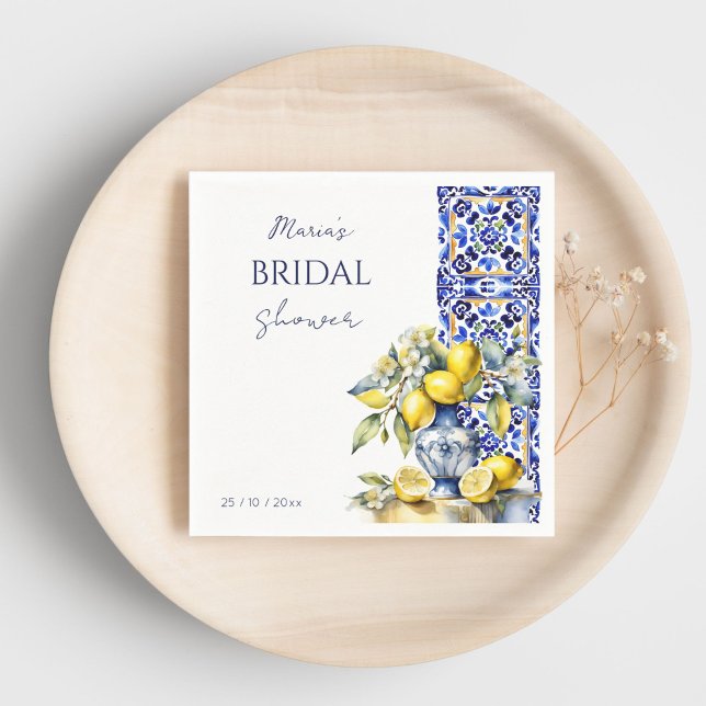 Amalfi italienska blåa kakel citroner bröllopsmall pappersservett (Amalfi Italian Vietri blue tiles lemons bridal shower template Napkins personalized tableware decor)