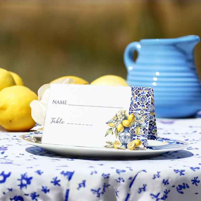 Amalfi italienska blåa kakel citroner namn och bor placeringskort (Amalfi Italian Vietri blue tiles lemons name and table Place Card Mediterranean themed place cards)