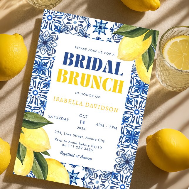 Amalfi-kakel Citron Medelhavet Bröllopsbrunch Inbjudningar (Amalfi Tiles Lemon Mediterranean Bridal Brunch Invitation)