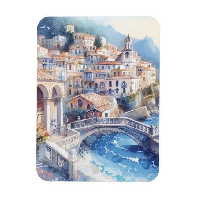 Amalfi-kust akvarell magnet (Vertikal)