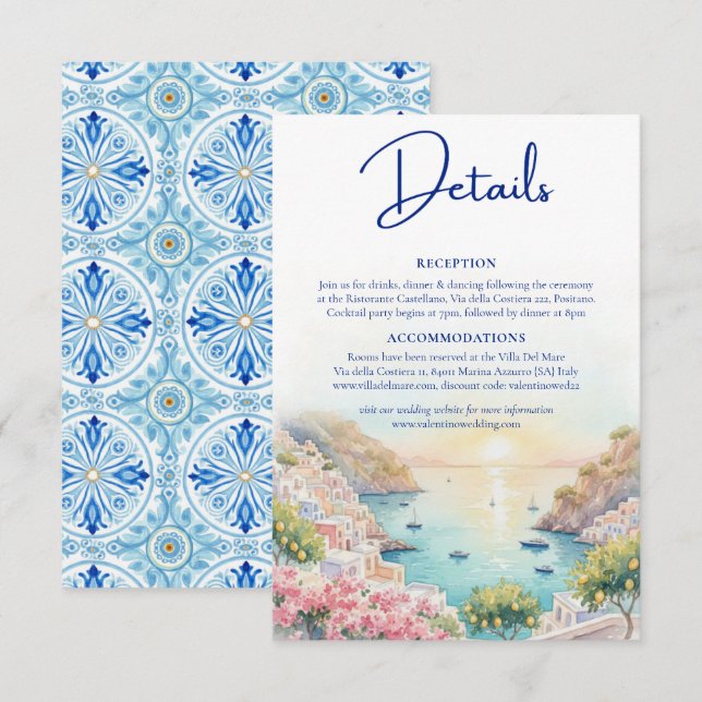 Amalfi-kusten Amore Akvarell Bröllopsdetaljer  Tilläggskort (Fram/baksida)