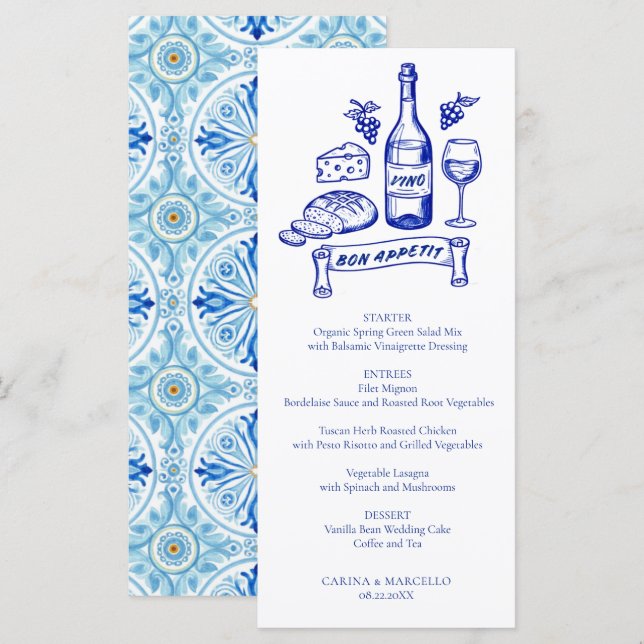 Amalfi-kusten Bon Appetit vin- och ostbröllop Meny (Fram/baksida)