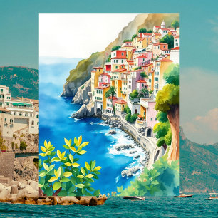 Amalfi-kusten Italien Akvarell Italiensk kust Vykort