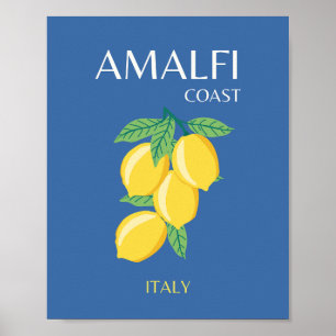 Amalfi Kusten, Italien, Travel Art, Retro, Blue Poster